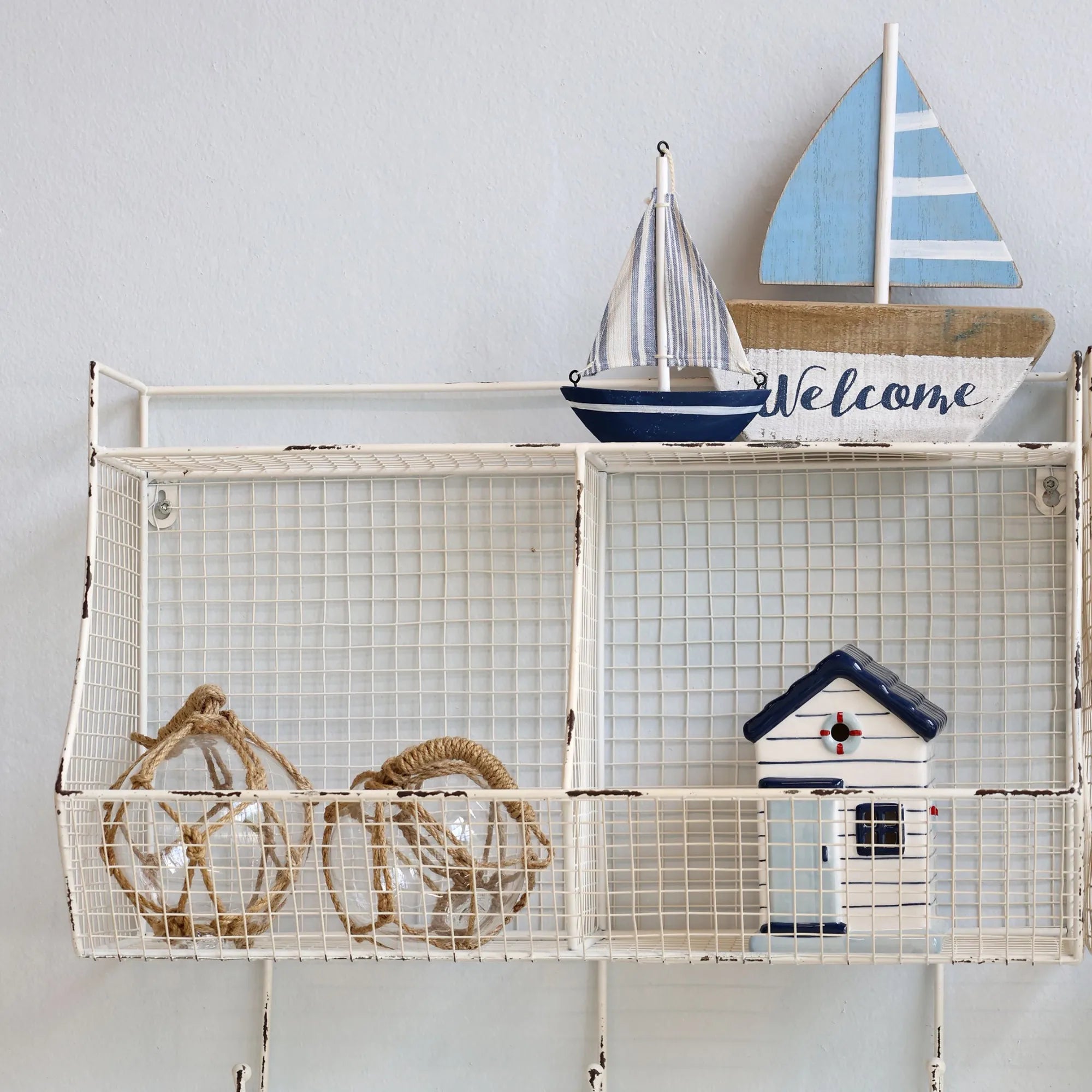 Chic Antique Segelboot Set Holz blau weiß maritim Dekoration 2er Set