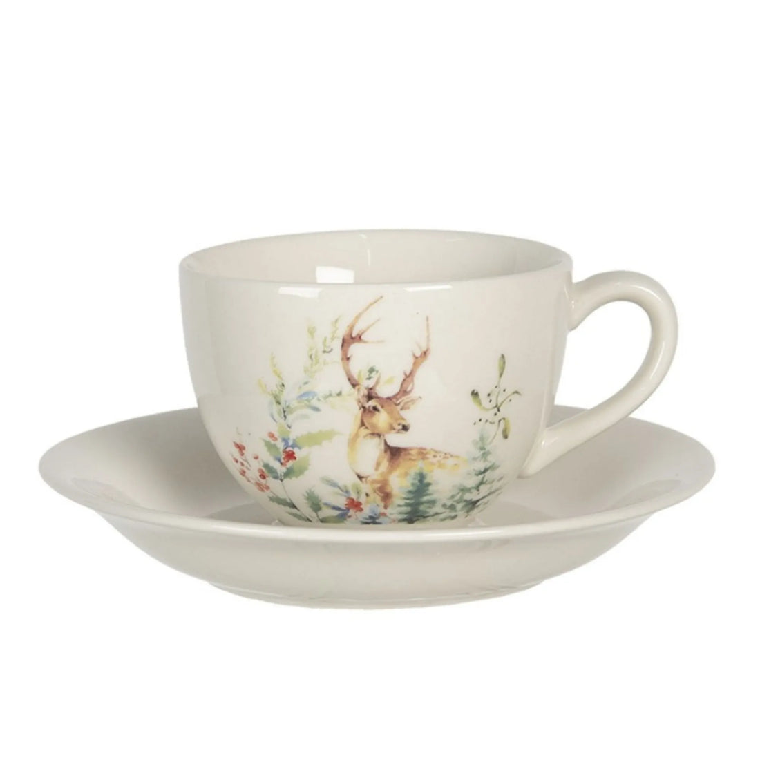 Clayre & Eef Tasse mit Unterteller Herbst Winter "Rehe"