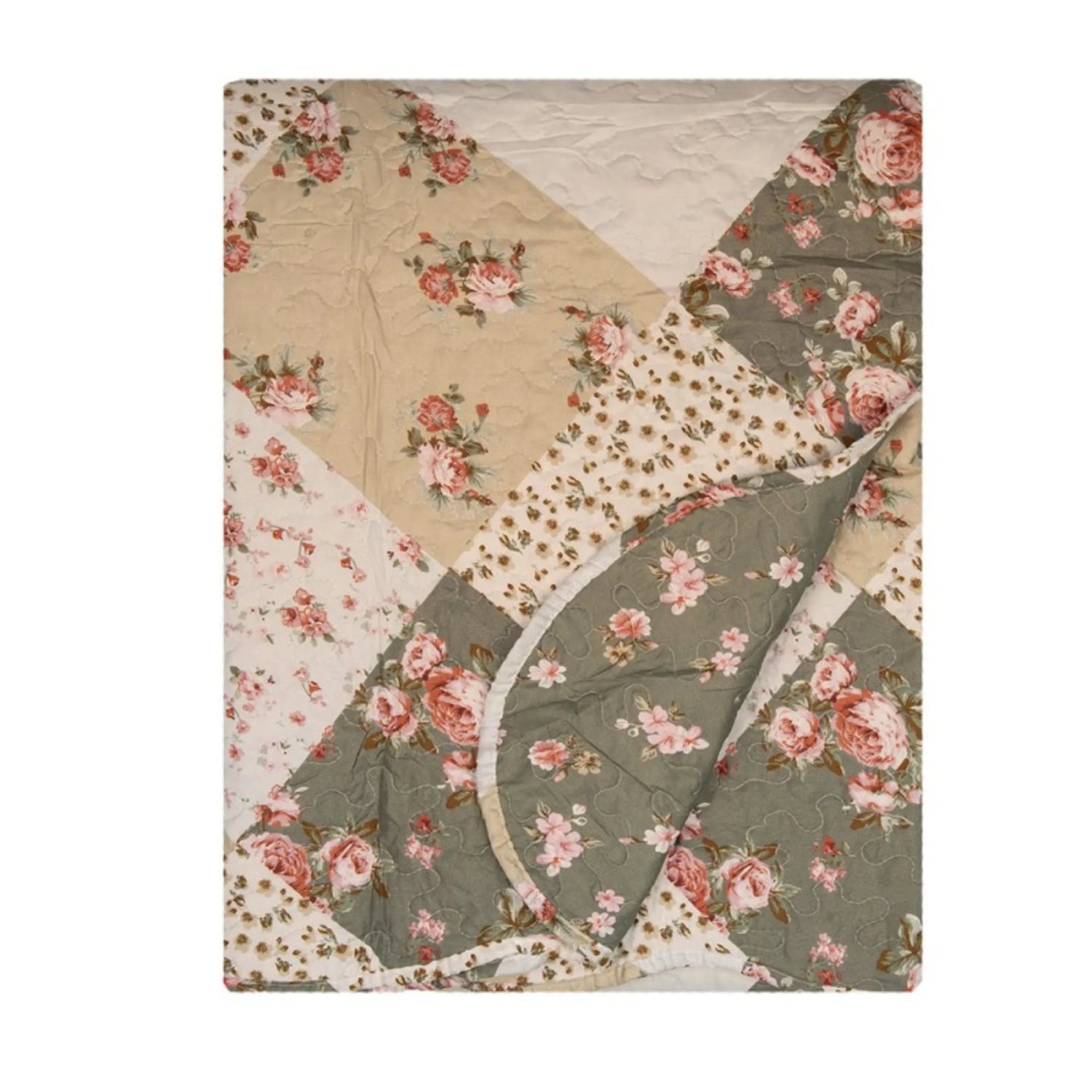 Clayre &amp; Eef Quilt Decke Patchwork 180 x 250 cm floral grün beige inkl. Kissenbezug