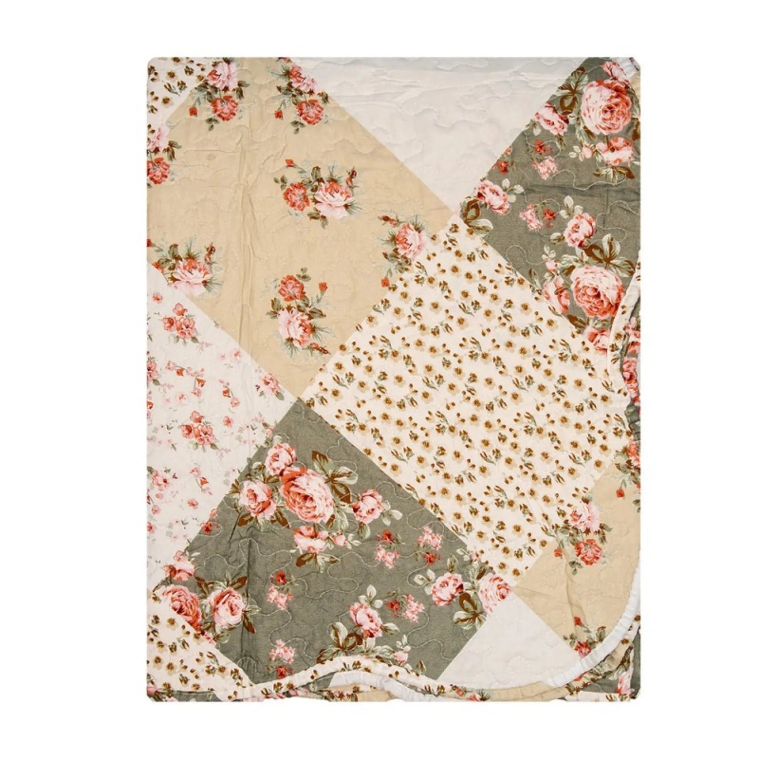 Clayre &amp; Eef Quilt Decke Patchwork 180 x 250 cm floral grün beige inkl. Kissenbezug