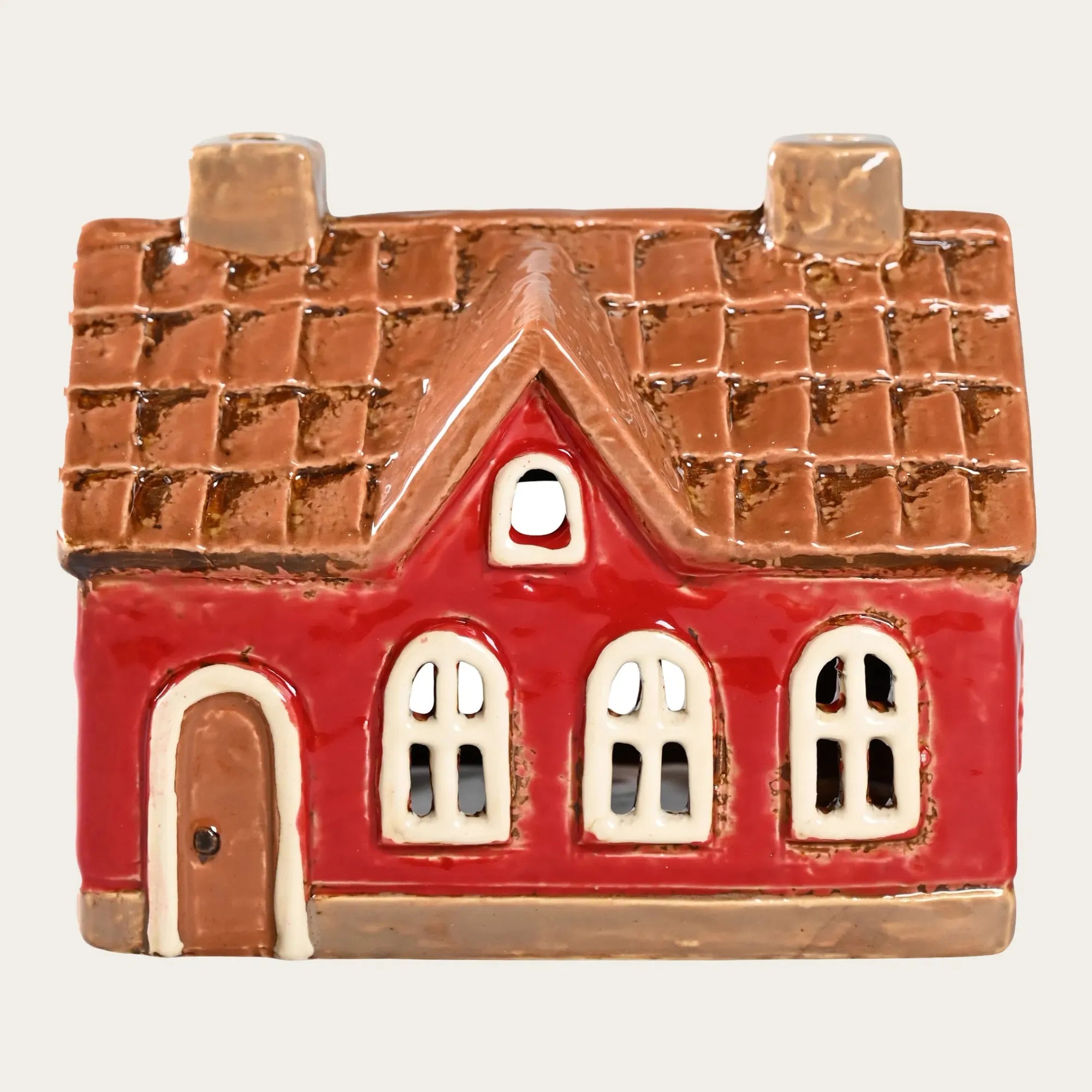 Det Gamle Apotek Lichthaus aus Keramik rot mit 2 Schornsteinen