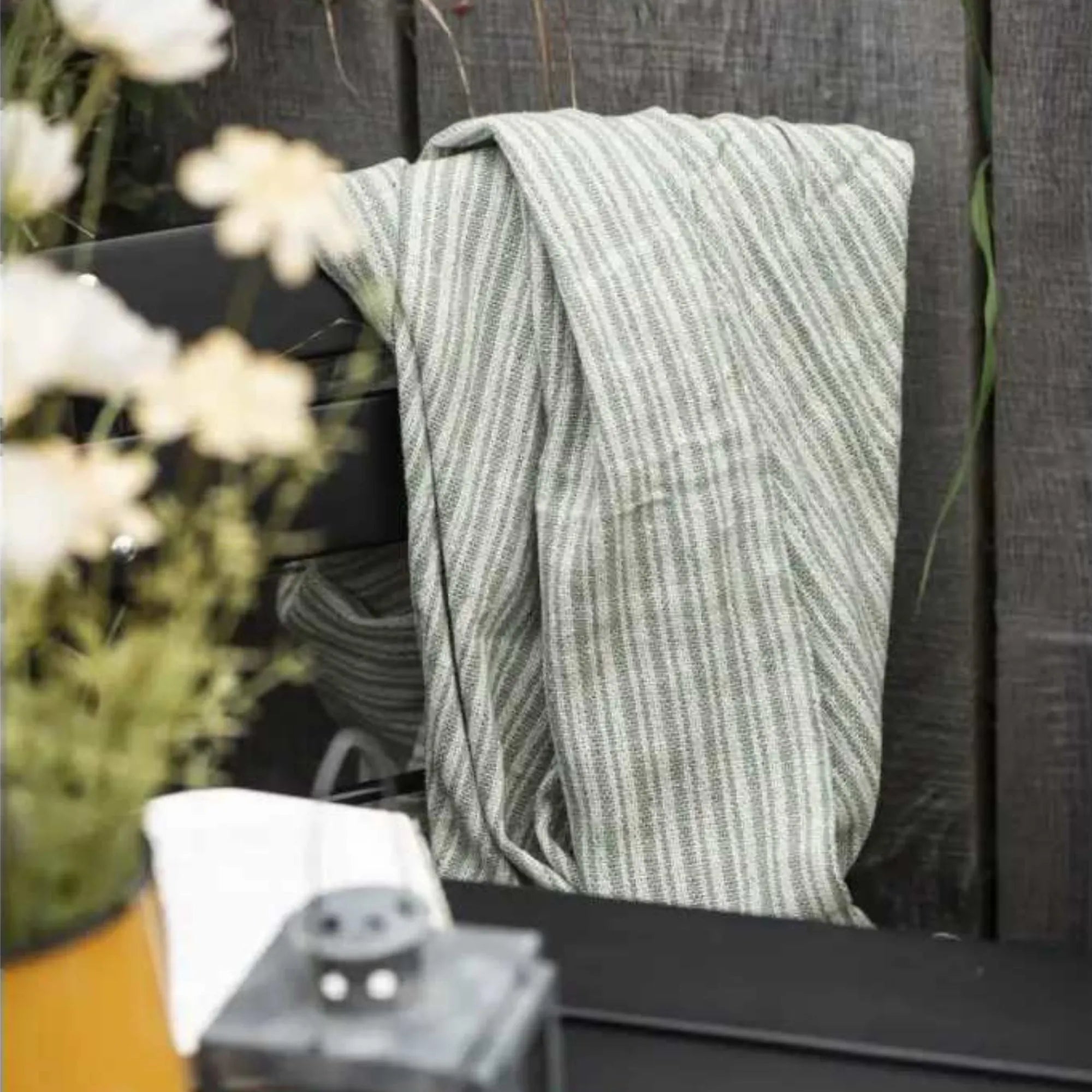 Ib Laursen green and cream striped blanket 130 x 160 cm