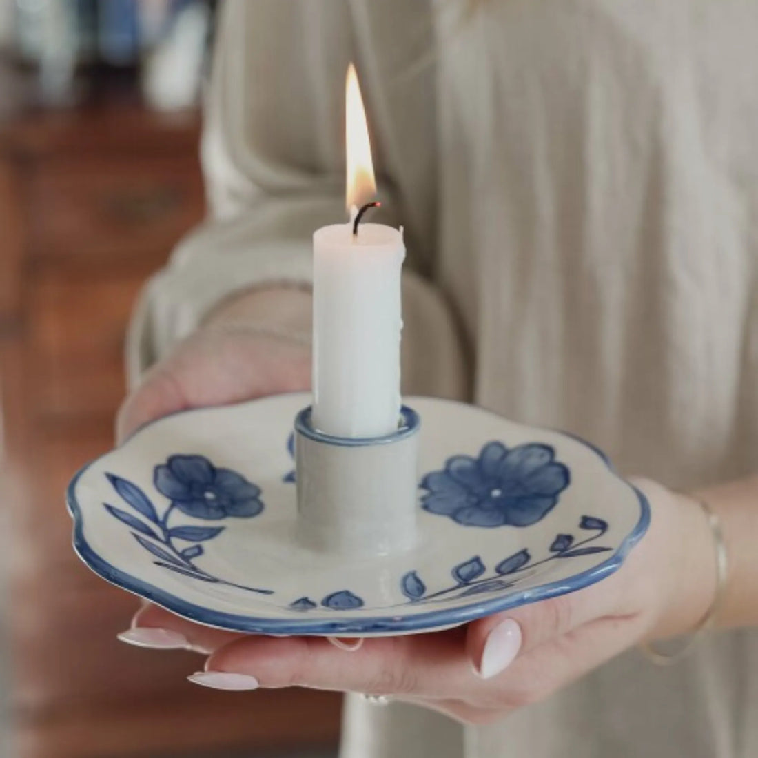 Majas Cottage Kerzenhalter mit Schale "Florea" blau handbemalt