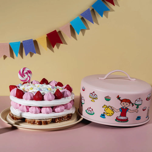 Muurla Pippi Langstrumpf "Geburtstag" Tortenplatte ø 28,5 cm mit Haube rosa